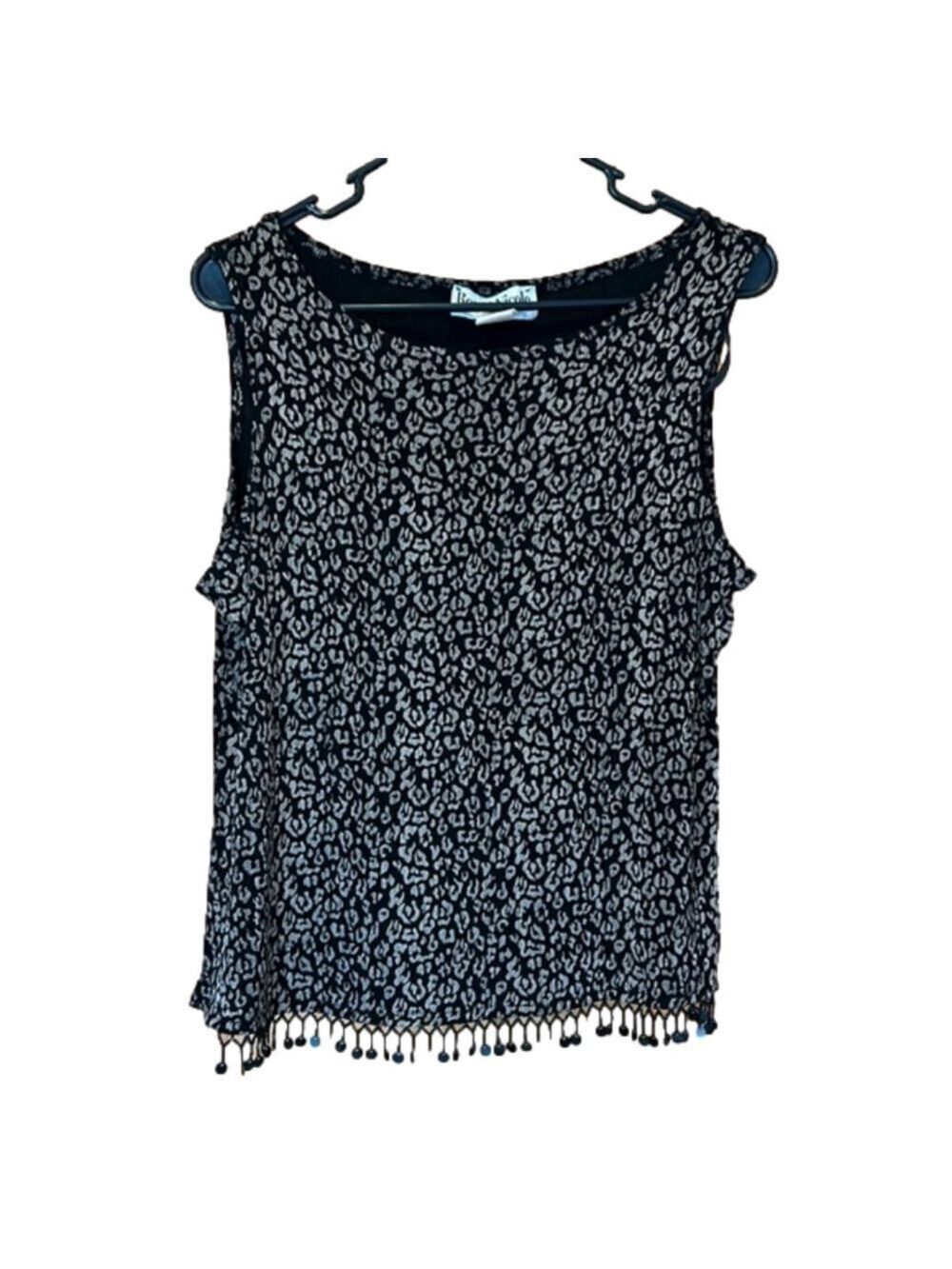 Ronni Nicole Petite Vintage Cheetah Print Sleeveless Top with Hanging Sequins
